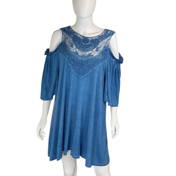 Umgee Cold Shoulder  Blue Shift Dress Women Size Large‎ High Neck Lace - Picture 1 of 7